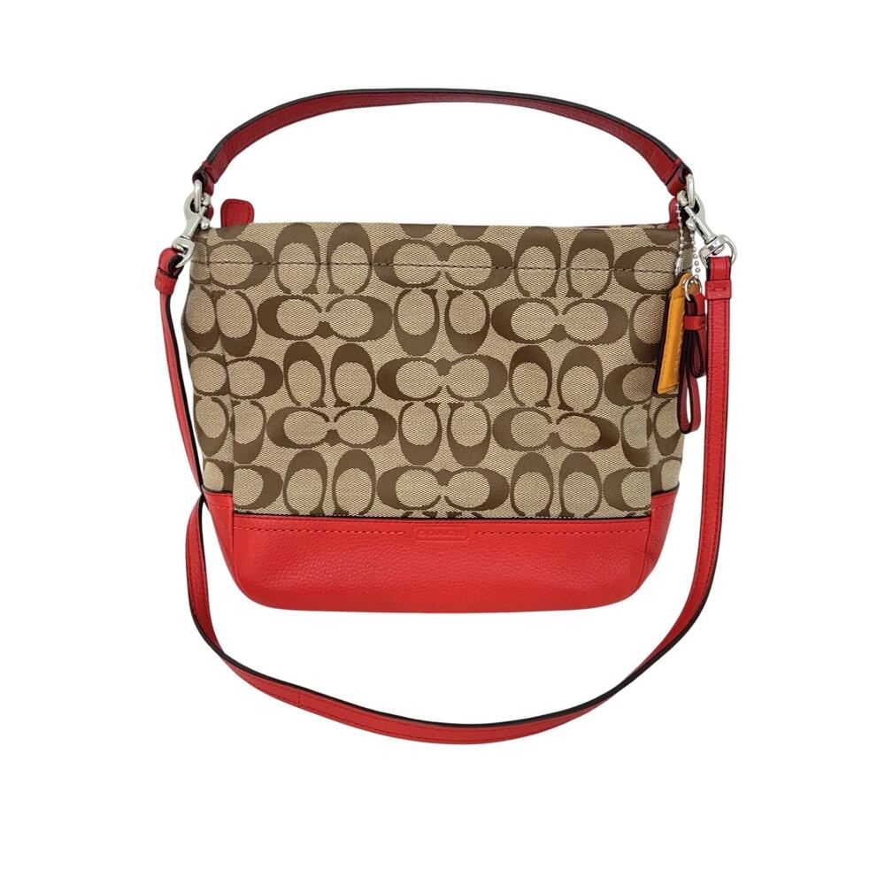 Coach Signature Canvas Leather 2 Way Hobo Duffle Bag Tan/Orange Red